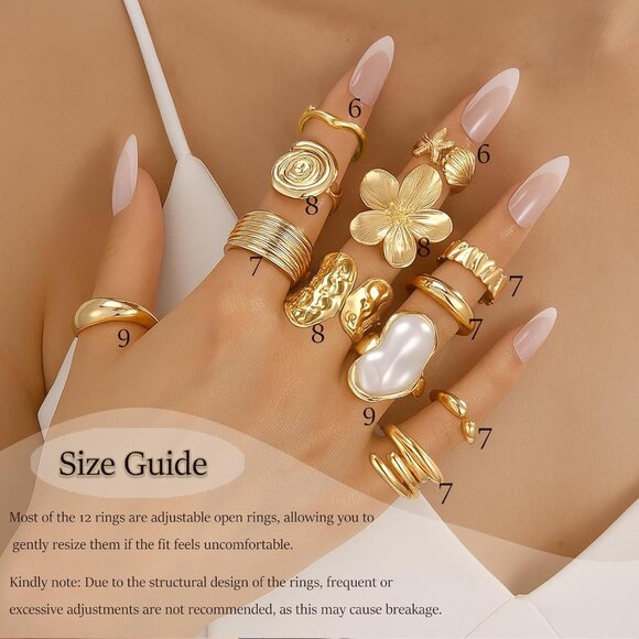 Women's Non Tarnish Statement Flower Ring12 PCS Chunky Gold Rings Big Knuckle - Picture 2 of 6